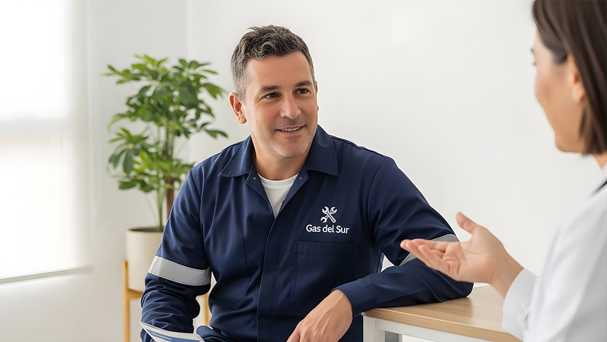 Técnico con uniforme azul de Gas del Sur conversando con una persona en un consultorio.